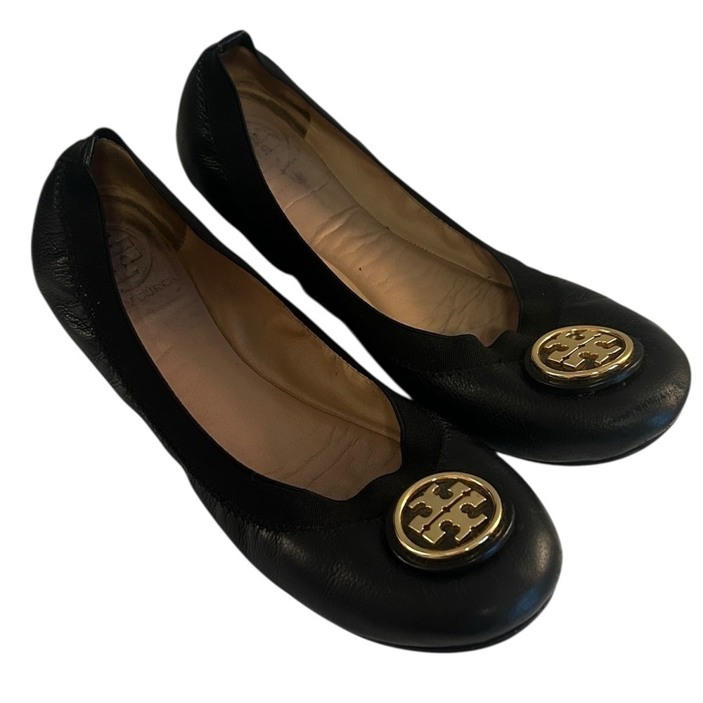 Tory Burch Black Caroline Leather Classic Quiet Luxury‎ Ballet Flats Size 7.5